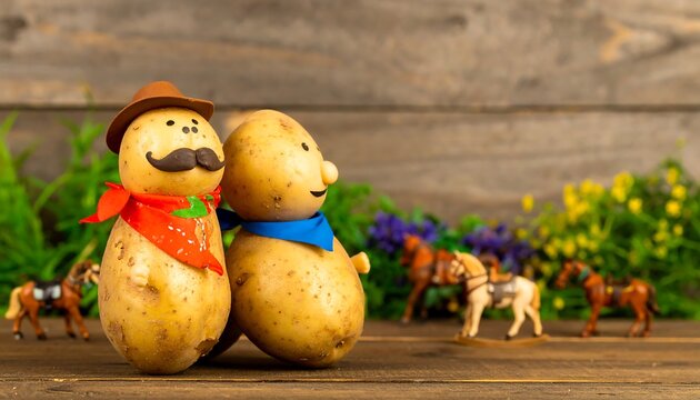 Two potato people, wearing hats and scarves, stand close together on a wooden surface.  Small figurines of horses and flowers are in the background