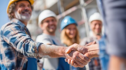 The project manager celebrates with the painting team on the construction site, shaking hands and congratulating them on the successful bright painting project, a perfect display of teamwork spirit an