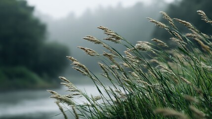 Obraz premium Water Droplets on Grasses Swaying in Wind by Misty River