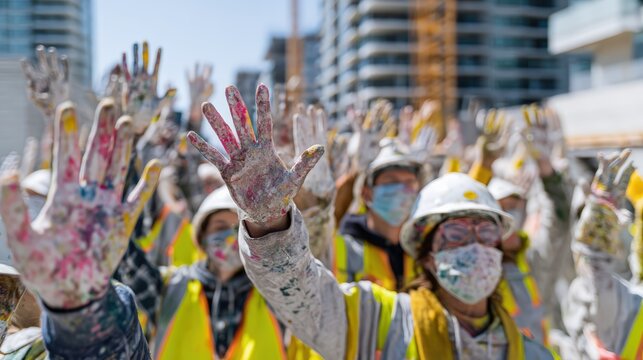 The moment after the final brushstroke, the entire team erupts in a spontaneous celebration, raising their brushes and rollers in the air, showcasing their teamwork spirit on the bright painting proje