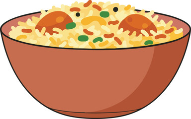A close-up illustration of a bowl filled with delicious-looking rice, garnished with small pieces of meat and vegetables.
