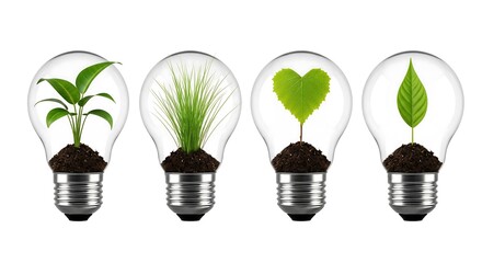 Four lightbulbs containing different green plants growing from soil, symbolizing eco-friendly energy and sustainability.
