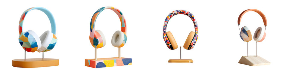 Colorful Stylish Headphones Collection on Stands Isolated on White Background