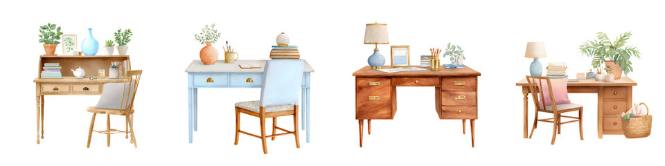Watercolor Desk Set Collection: Vintage Styled Desks on White