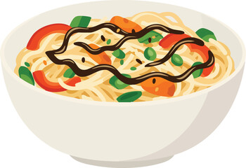 A bowl of noodles with vegetables and a dark sauce.