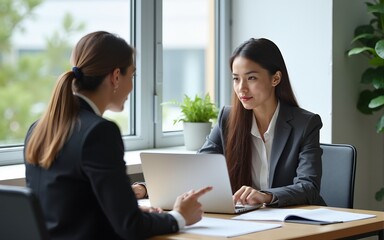 Professional female executive sitting with her coworker at corporate office and pointing at laptop while working on new business plan. High quality