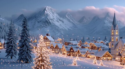 Charming alpine village with snow covered houses and glowing Christmas lights near church under majestic mountain peaks winter night - Powered by Adobe