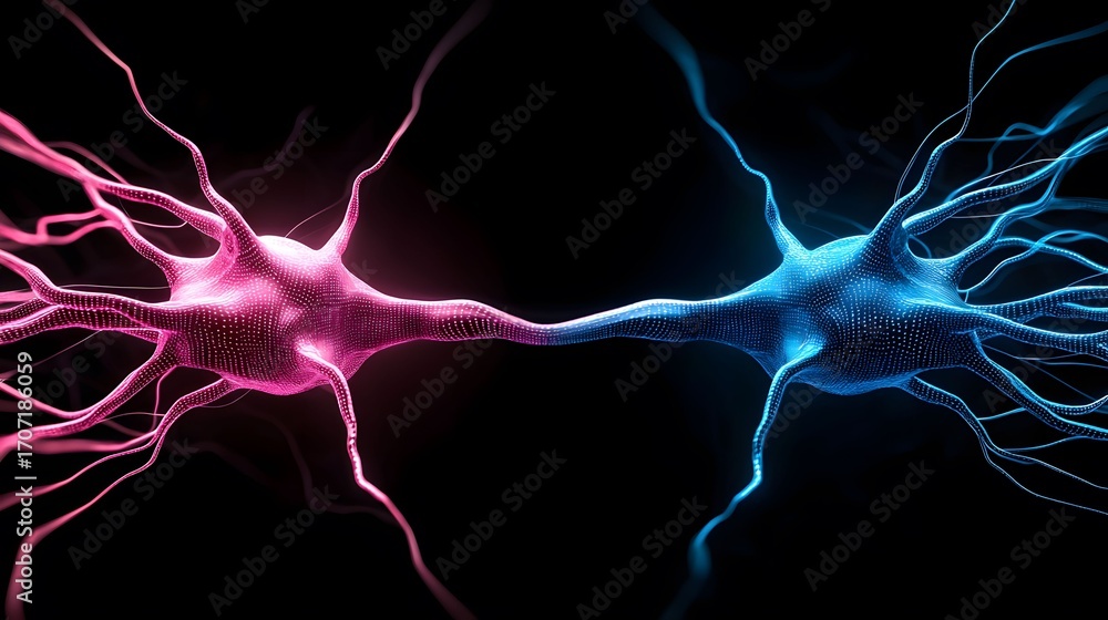 Aufkleber the image shows two neurons, one in pink and another in blue, connected against a completely black b