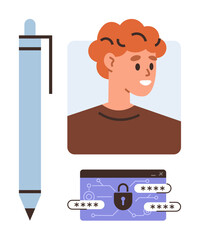 Smiling person portrait next to secure password interface with lock, pen for accountability. Ideal for security, identity, login, privacy, data protection, technology responsibility. Simple flat