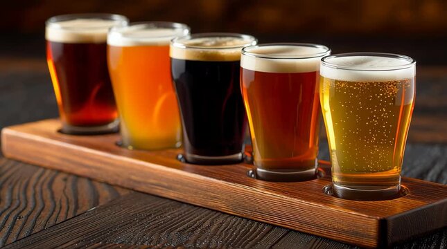 Flight of craft beer glasses on wooden paddle showcasing amber shades from light to dark in warm inviting setting for beer flight enthusiasts