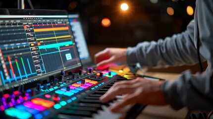 Hands playing electronic keyboard with illuminated buttons and music production software on laptop screen for creative music production - Powered by Adobe