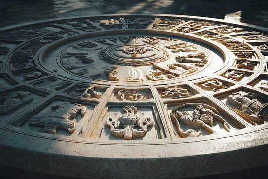 Ancient astrological zodiac wheel bathed in light for spiritual guidance and esoteric knowledge seekers, ideal for astrology websites and content