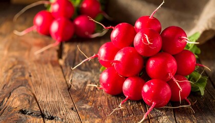 Fresh radishes on rustic wooden table