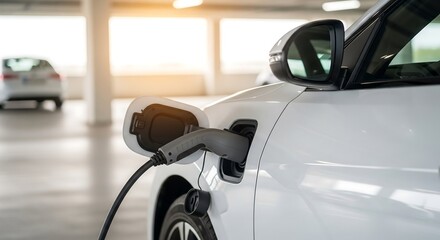 A white electric vehicle being charged with a charging cable in a parking garage.