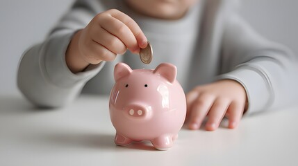 Close-up of a child’s hand saving money by placing a coin into a piggy bank, symbolizing early financial education and personal responsibility