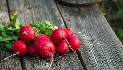 Fresh radishes on weathered wood