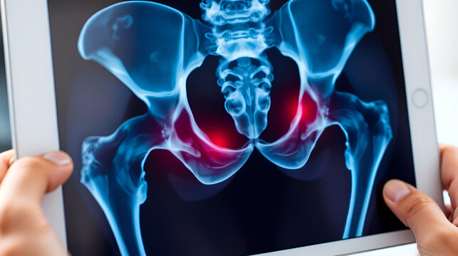Pain in the cartilage joints, femoral head. Pelvis, degenerative hip disease. Inflammation due to arthritis and osteoarthritis. The pelvis x-ray is shown on the doctor's tablet