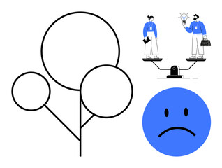 Business professionals weigh creativity and practicality on scales blue sad face highlights emotional struggle. Ideal for leadership, ethics, innovation, balance, teamwork, decision-making, simple