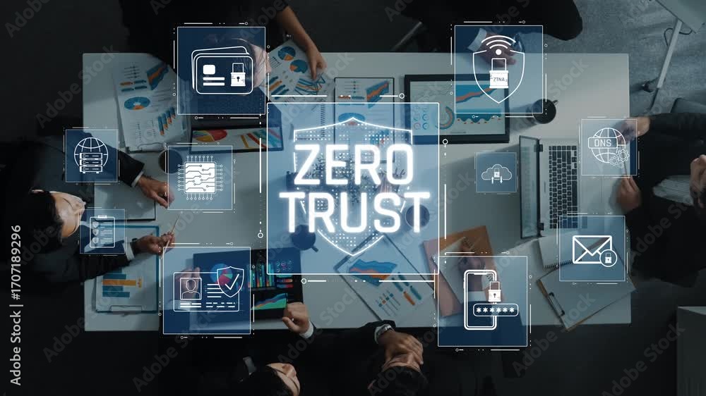 Poster a diverse business team engages in a discussion about security strategies with a focus on the zero t