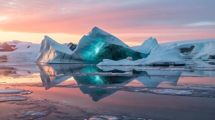 Glowing icebergs mirror sunset colors, creating serene Arctic dreamscape.