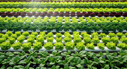 Rows of colorful lettuce growing in a hydroponic farm under sunlight in summer