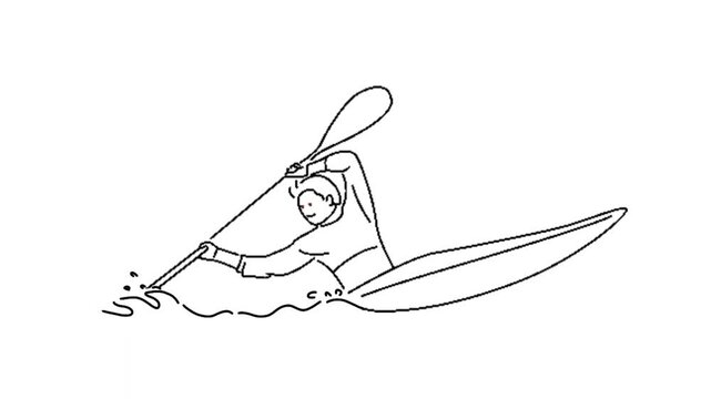 line art animation of man kayaker riding and paddling boat canoe in sea waves