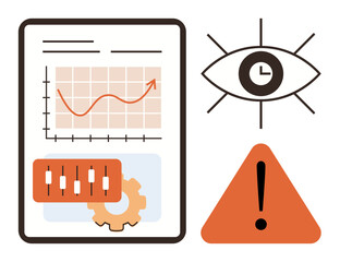 Graph trends with upward momentum, adjustment sliders with gear, warning sign alongside eye and clock. Ideal for analytics, risk management, monitoring, finance, strategy, optimization alert