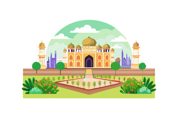 Fototapeta premium Yellow indian palace with domes and minarets, set in a garden with trees