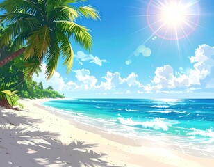 Obraz premium Beautiful tropical beach with white sand, turquoise water, lush palm trees, puffy clouds, and a bright, sunny sky in an anime style