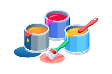 Three open paint cans with red, yellow, and orange paint