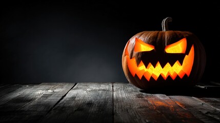 不吉な雰囲気。不気味なオレンジ色の光を放つハロウィーンのカボチャの彫刻が、風化した木の板の上に置かれ、不気味な効果を演出しています。イベントプログラム。