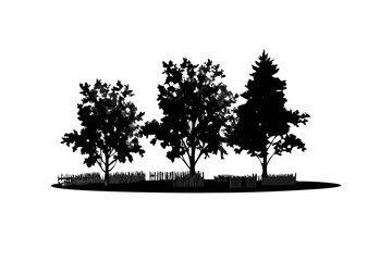 Silhouette of three diverse trees with a fence