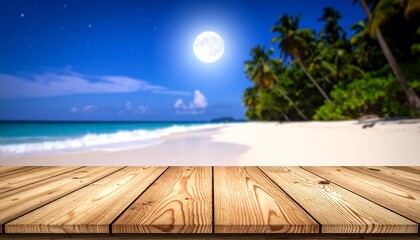 Obraz premium Serene night scene with a sharp wooden surface in the foreground and a beautiful moonlit tropical beach background