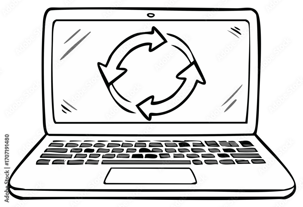 Poster hand drawn doodle of a laptop computer with a refresh symbol of circular arrows showing an update or
