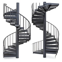 Two dark gray metal spiral staircases, isolated on white