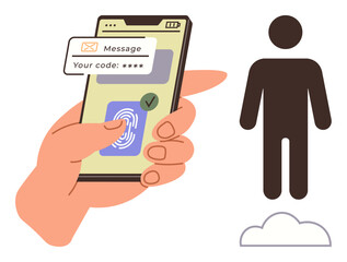 Smartphone with fingerprint authentication and code message. Human figure and cloud suggest identity verification, digital security. Ideal for authentication, cybersecurity, technology, privacy