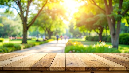 Empty wooden table top with a blurred background of a sunlit park path, ideal for product display or montage presentations