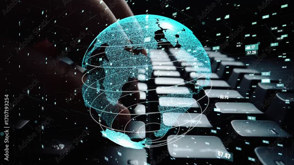 Poster a striking abstract representation of a globe surrounded by data visualizations over a keyboard, sym