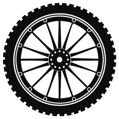 Obraz premium Detailed black and white vector graphic of a bicycle wheel with tire and spokes, ideal for transportation and cycling themes