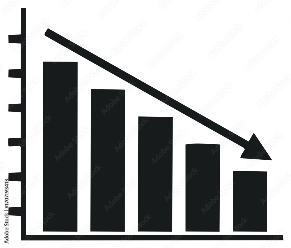 Poster declining business financial chart with downward arrow and bar graphs showing decreasing trend