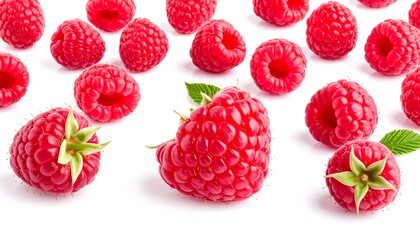 Fresh raspberries arranged on a white background