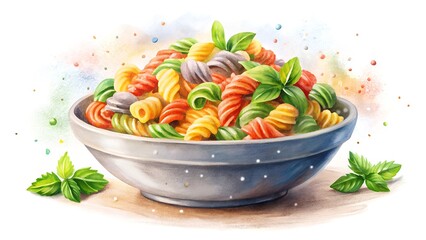 Bowl of Tri-Color Rotini Pasta with Basil Leaves image.