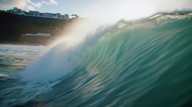 Ocean Wave Crashing on Coastline at Sunset