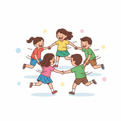 A group of five happy children are holding hands and playing in a circle. They are smiling, laughing, and enjoying their time together. 