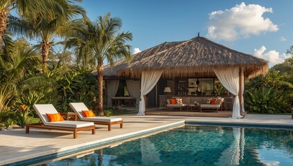 Modern Tropical Villa with Poolside Cabana and White Sun Loungers