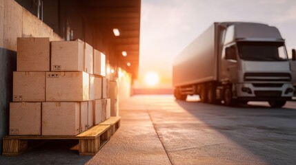 Transporting goods with a delivery truck loading dock at sunset for global shipping and logistics