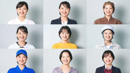 様々な職業の衣装を着た笑顔の同一女性のコラージュ