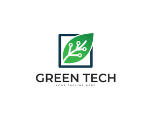 Green leaf with circuit board lines inside a square frame logo Keywords: logo, green, leaf, technology, circuit, board, lines, square, frame, nature, eco, friendly, digital, innovation, growth