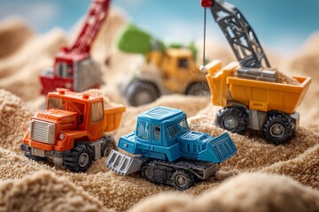 Vibrant toy construction trucks in sand pit creating a fun imaginative play scene for children and inspiring construction concepts