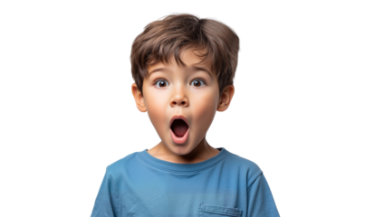 Amazed little boy with mouth open, isolated on transparent background